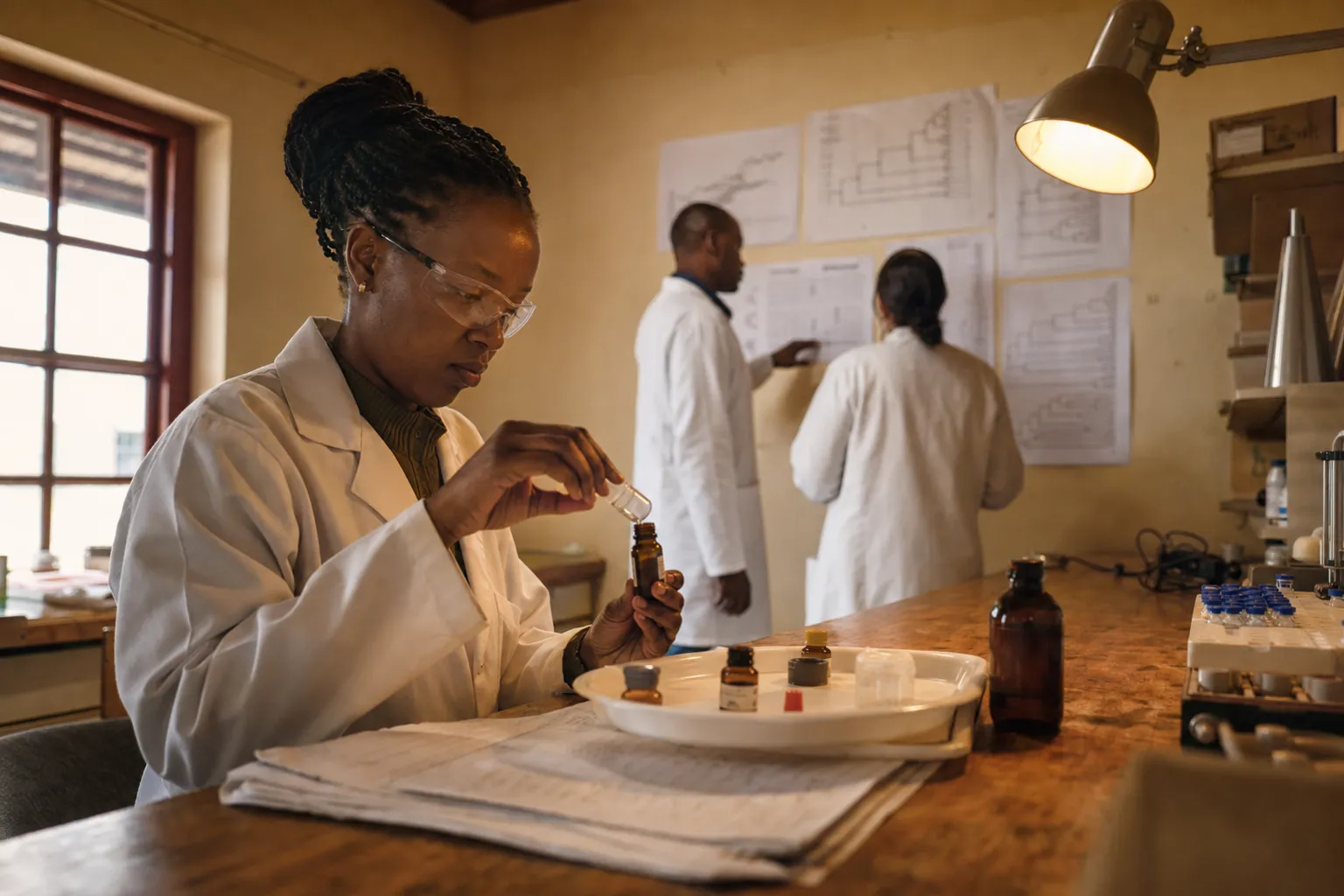 A clinical-trial pharmacist in safety glasses fills a small bottle from a vial as two scientists examine printed phylogenetic data on the wall behind her.