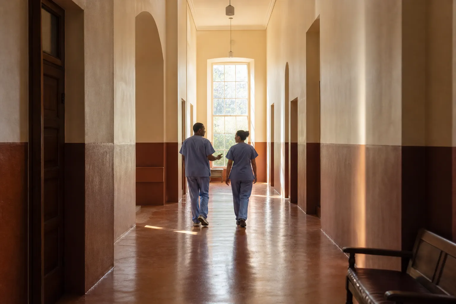 A long ward corridor at Tswelopele Teaching Hospital with two clinicians in conversation walking toward the light at the far end.