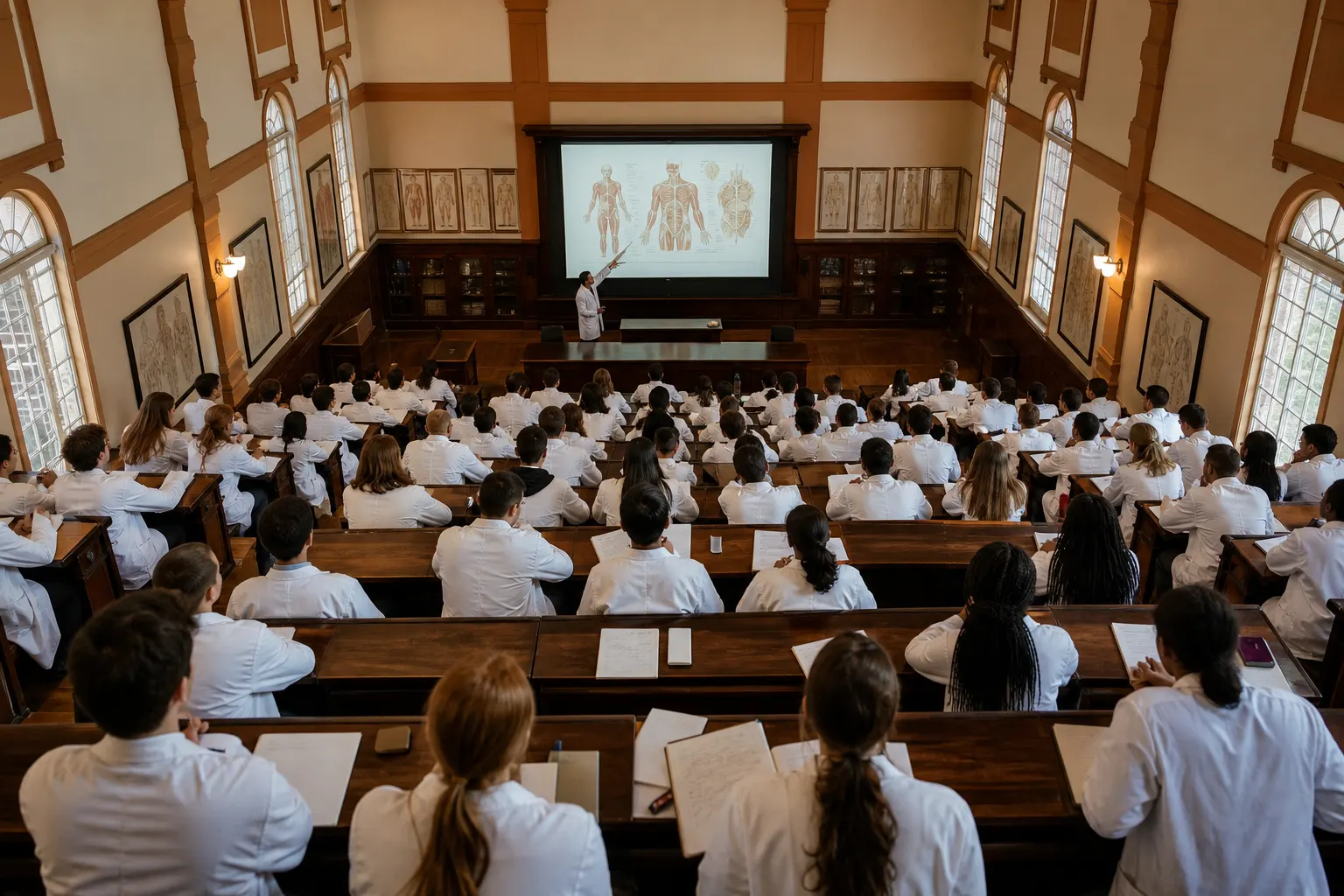 An anatomy lecture theatre seen from the back, students in long white coats filling the wood-panelled rows as a professor presents an anatomical slide.