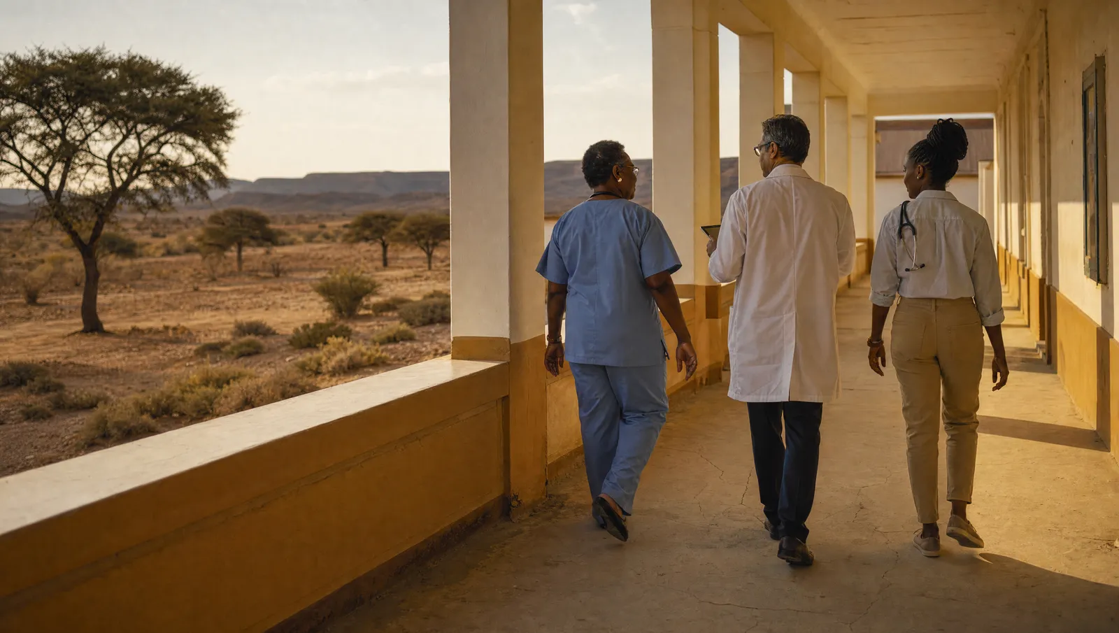 A senior clinician, a researcher with a tablet and a young medical student walking together along a cream-painted colonnade outside Tswelopele Teaching Hospital in the late afternoon Karoo light.