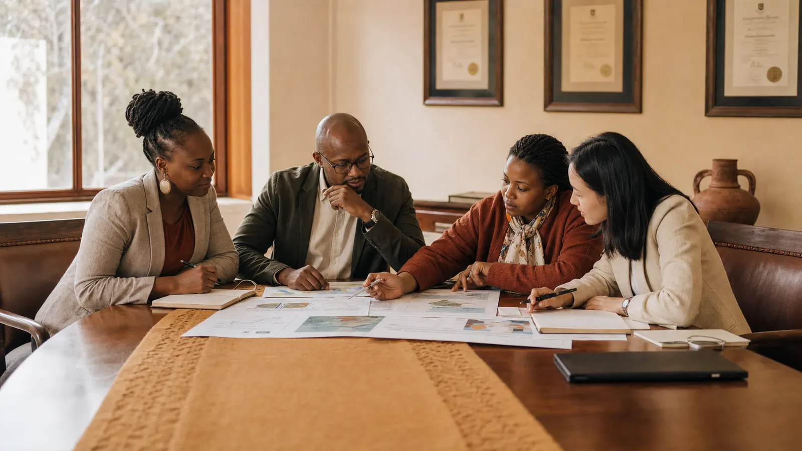 Two researchers and an industry visitor in conversation across a meeting table in a cream-walled faculty boardroom, Karoo light through tall windows.