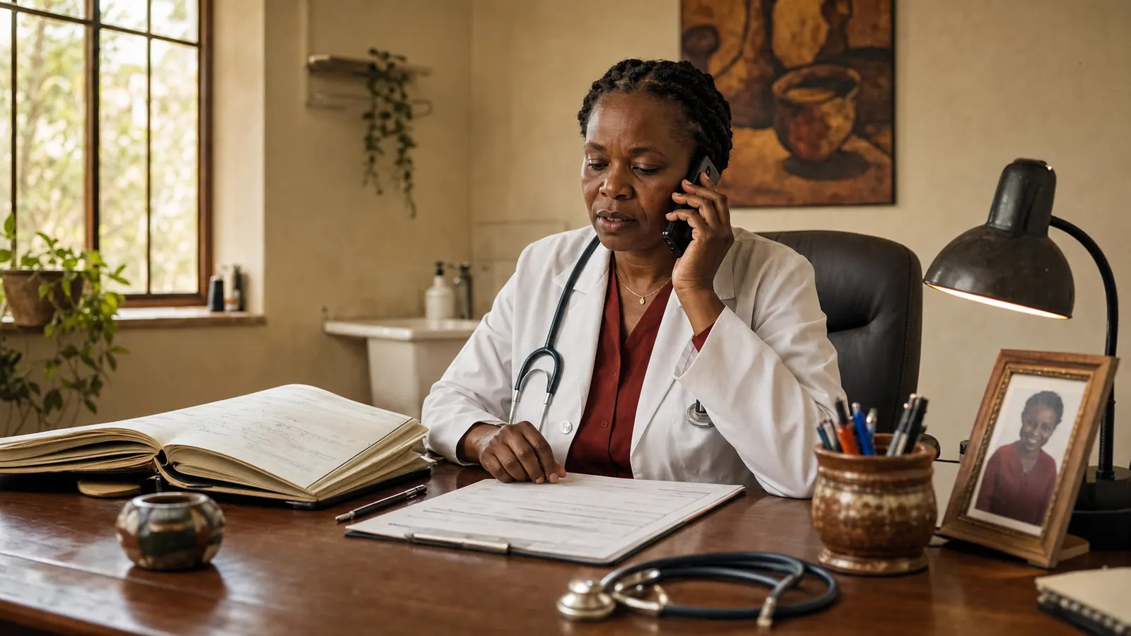 A clinician at a desk on the phone with a referral letter in hand, the Tswelopele specialist-intake office in soft focus behind.