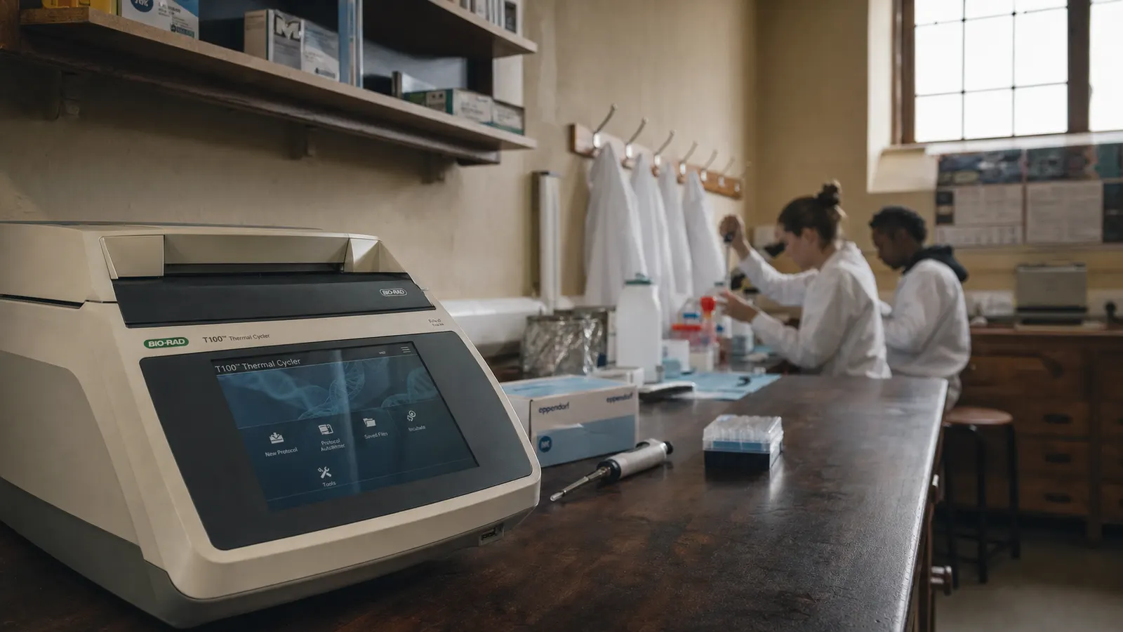 A teaching laboratory bench seen wide, a PCR machine in the foreground and two researchers preparing samples in soft directional light beyond it, cream walls and ochre lab-coat hooks behind.