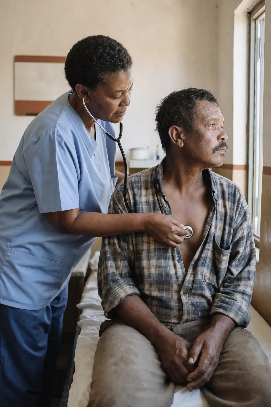 A senior African clinician in pale-blue scrubs listening through a stethoscope to a patient seated by a sunlit window in a Karoo ward.