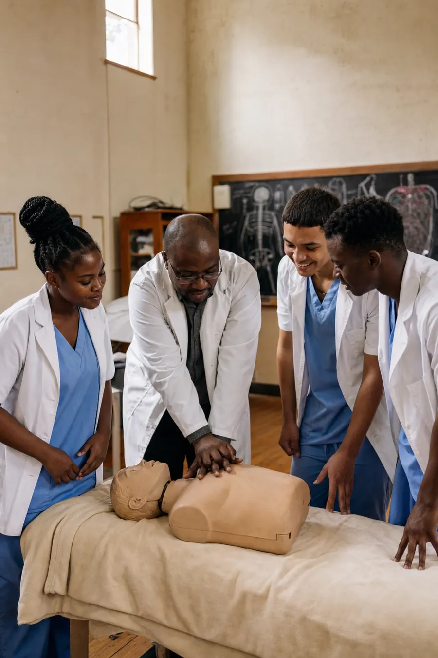 Three medical students in short white coats and scrubs gathered around a CPR manikin in a clinical-skills room as their tutor supervises, anatomical drawings visible on the chalkboard.