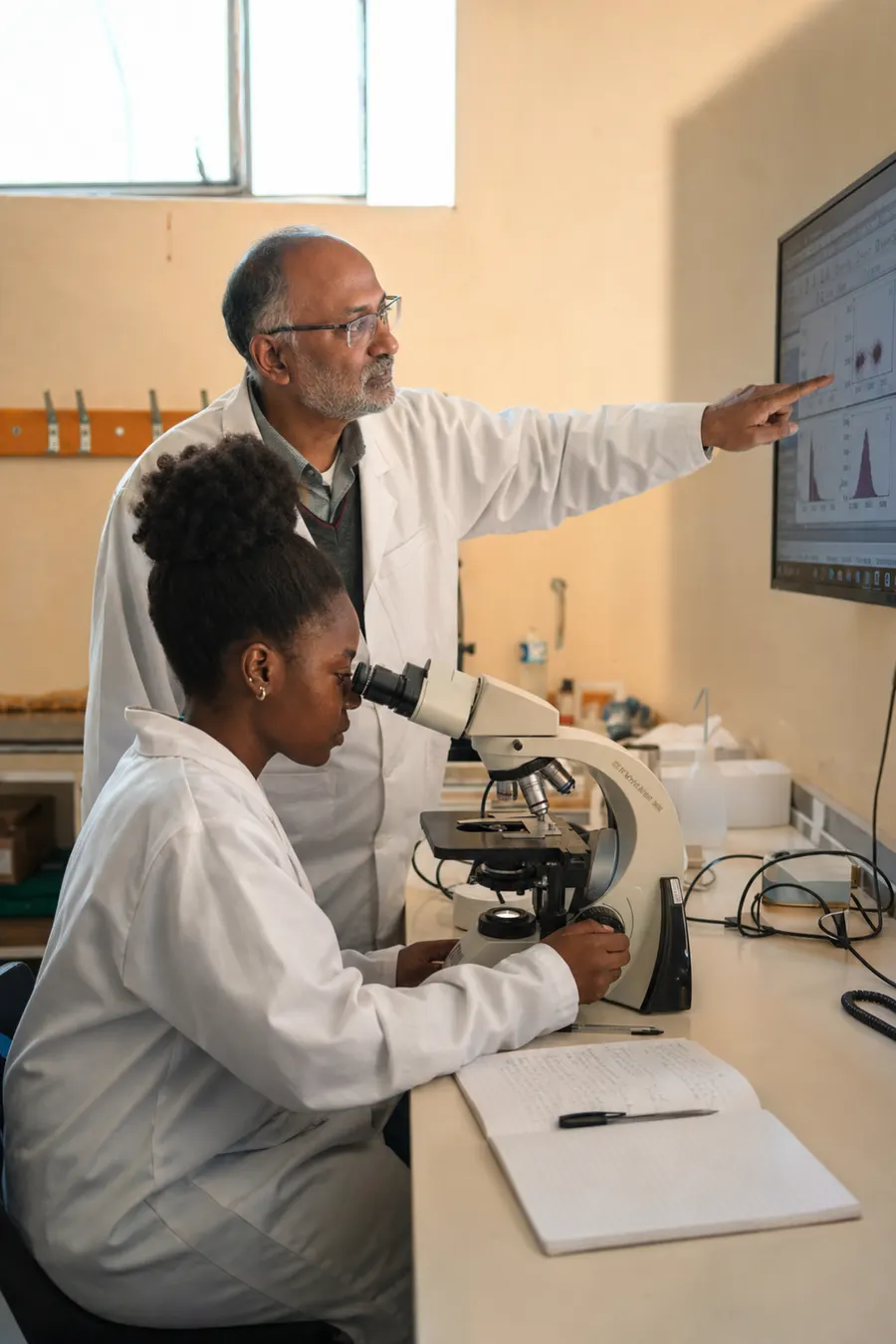 Two researchers at a microscope station in a cream-walled teaching lab, a young Black scientist at the eyepiece and a senior Indian-South African mentor pointing to the data screen behind her.