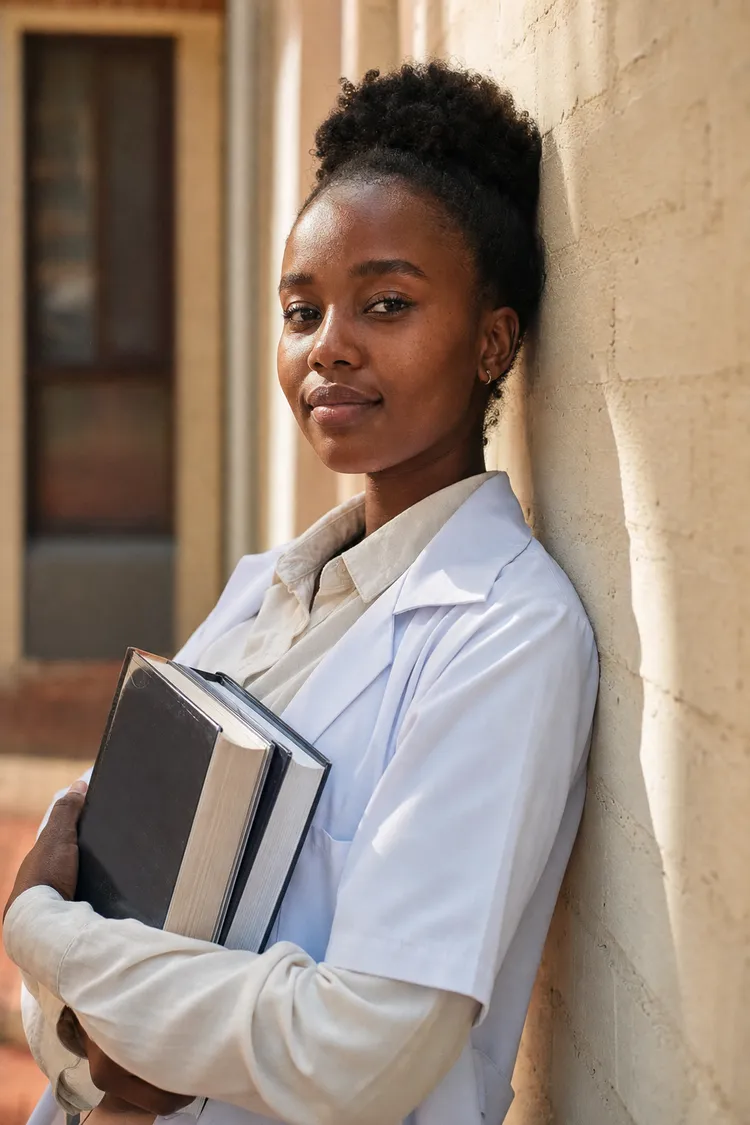 A young Black female medical student in a short white coat leaning against a cream-painted brick wall holding a stack of textbooks.